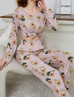 New Women's Pajamas Sets Floral Animal Fashion Comfort Home Daily Bed Breathable Crew Neck Long Sleeve T shirt Tee Pant Spring Fall Home Outfits Women Pajama-Setter