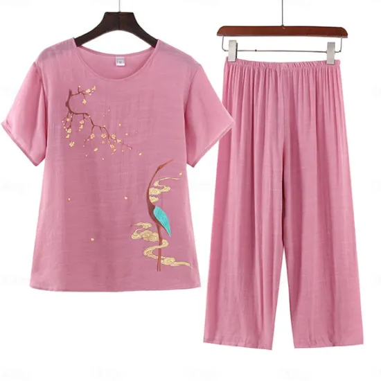 New Women's Pajamas Sets Floral Fashion Comfort Home Daily Bed Cotton And Linen Breathable Crew Neck Short Sleeve T shirt Tee Shorts Elastic Waist Summer Spring Home Outfits Women Pajama-Setter