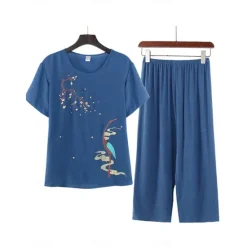 New Women's Pajamas Sets Floral Fashion Comfort Home Daily Bed Cotton And Linen Breathable Crew Neck Short Sleeve T shirt Tee Shorts Elastic Waist Summer Spring Home Outfits Women Pajama-Setter