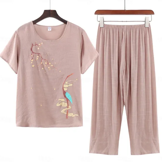 New Women's Pajamas Sets Floral Fashion Comfort Home Daily Bed Cotton And Linen Breathable Crew Neck Short Sleeve T shirt Tee Shorts Elastic Waist Summer Spring Home Outfits Women Pajama-Setter