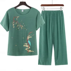 New Women's Pajamas Sets Floral Fashion Comfort Home Daily Bed Cotton And Linen Breathable Crew Neck Short Sleeve T shirt Tee Shorts Elastic Waist Summer Spring Home Outfits Women Pajama-Setter