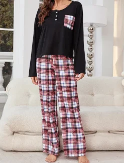 Clearance Women's Pajamas Sets Grid / Plaid Casual Comfort Home Bed Breathable Crew Neck Long Sleeve T shirt Tee Pant Button Pocket Fall Winter Home Outfits Women Pajama-Setter