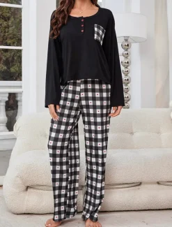 New Women's Pajamas Sets Grid / Plaid Casual Comfort Home Bed Breathable Crew Neck Long Sleeve T shirt Tee Pant Button Pocket Fall Winter Home Outfits Women Pajama-Setter