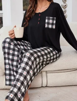 New Women's Pajamas Sets Grid / Plaid Casual Comfort Home Bed Breathable Crew Neck Long Sleeve T shirt Tee Pant Button Pocket Fall Winter Home Outfits Women Pajama-Setter