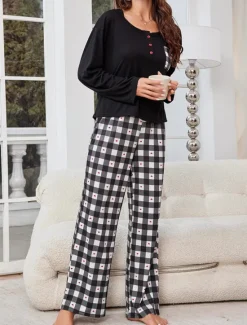 New Women's Pajamas Sets Grid / Plaid Casual Comfort Home Bed Breathable Crew Neck Long Sleeve T shirt Tee Pant Button Pocket Fall Winter Home Outfits Women Pajama-Setter