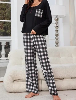 New Women's Pajamas Sets Grid / Plaid Casual Comfort Home Bed Breathable Crew Neck Long Sleeve T shirt Tee Pant Button Pocket Fall Winter Home Outfits Women Pajama-Setter