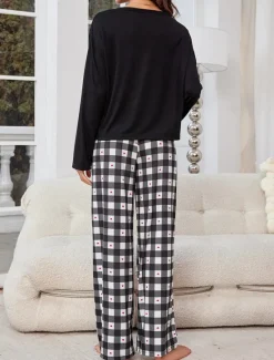 New Women's Pajamas Sets Grid / Plaid Casual Comfort Home Bed Breathable Crew Neck Long Sleeve T shirt Tee Pant Button Pocket Fall Winter Home Outfits Women Pajama-Setter