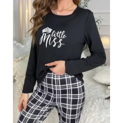 Online Women's Pajamas Sets Grid / Plaid Letter Fashion Comfort Home Daily Bed Breathable Crew Neck Long Sleeve T shirt Tee Pant Elastic Waist Fall Winter Home Outfits Women Pajama-Setter