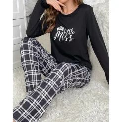 Online Women's Pajamas Sets Grid / Plaid Letter Fashion Comfort Home Daily Bed Breathable Crew Neck Long Sleeve T shirt Tee Pant Elastic Waist Fall Winter Home Outfits Women Pajama-Setter