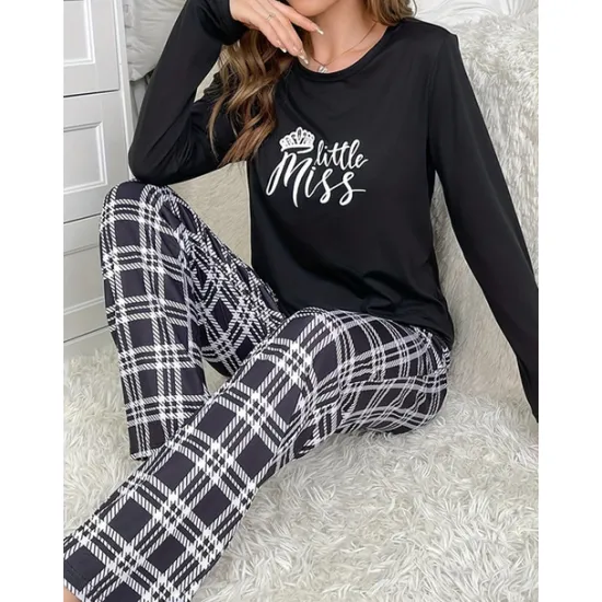 Online Women's Pajamas Sets Grid / Plaid Letter Fashion Comfort Home Daily Bed Breathable Crew Neck Long Sleeve T shirt Tee Pant Elastic Waist Fall Winter Home Outfits Women Pajama-Setter