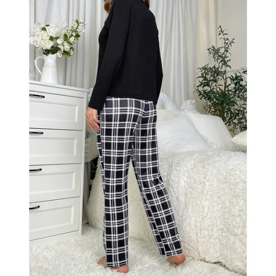 Online Women's Pajamas Sets Grid / Plaid Letter Fashion Comfort Home Daily Bed Breathable Crew Neck Long Sleeve T shirt Tee Pant Elastic Waist Fall Winter Home Outfits Women Pajama-Setter