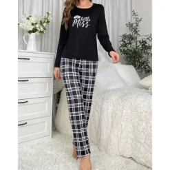 Online Women's Pajamas Sets Grid / Plaid Letter Fashion Comfort Home Daily Bed Breathable Crew Neck Long Sleeve T shirt Tee Pant Elastic Waist Fall Winter Home Outfits Women Pajama-Setter
