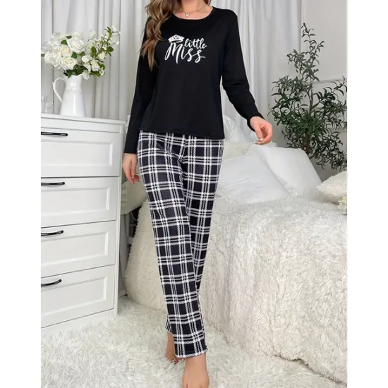 Online Women's Pajamas Sets Grid / Plaid Letter Fashion Comfort Home Daily Bed Breathable Crew Neck Long Sleeve T shirt Tee Pant Elastic Waist Fall Winter Home Outfits Women Pajama-Setter
