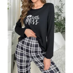 Online Women's Pajamas Sets Grid / Plaid Letter Fashion Comfort Home Daily Bed Breathable Crew Neck Long Sleeve T shirt Tee Pant Elastic Waist Fall Winter Home Outfits Women Pajama-Setter