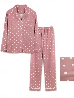 Discount Women's Pajamas Sets Heart Grid / Plaid Fashion Comfort Soft Home Daily Bed Satin Silk Breathable Lapel Long Sleeve Shirt Pant Button Pocket Fall Winter Home Outfits Women Pajama-Setter