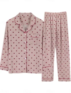 Discount Women's Pajamas Sets Heart Grid / Plaid Fashion Comfort Soft Home Daily Bed Satin Silk Breathable Lapel Long Sleeve Shirt Pant Button Pocket Fall Winter Home Outfits Women Pajama-Setter