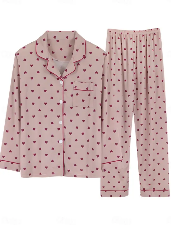 Discount Women's Pajamas Sets Heart Grid / Plaid Fashion Comfort Soft Home Daily Bed Satin Silk Breathable Lapel Long Sleeve Shirt Pant Button Pocket Fall Winter Home Outfits Women Pajama-Setter