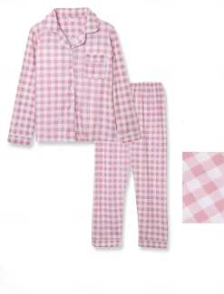 Discount Women's Pajamas Sets Heart Grid / Plaid Fashion Comfort Soft Home Daily Bed Satin Silk Breathable Lapel Long Sleeve Shirt Pant Button Pocket Fall Winter Home Outfits Women Pajama-Setter