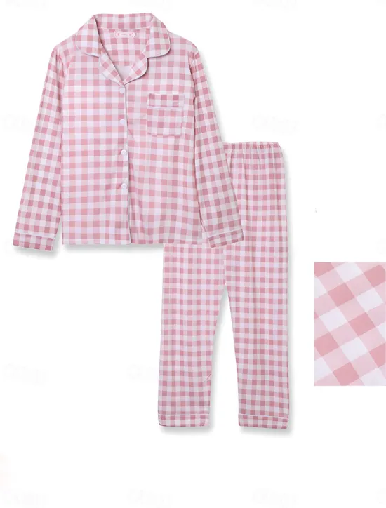 Discount Women's Pajamas Sets Heart Grid / Plaid Fashion Comfort Soft Home Daily Bed Satin Silk Breathable Lapel Long Sleeve Shirt Pant Button Pocket Fall Winter Home Outfits Women Pajama-Setter