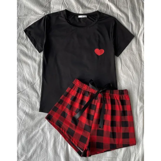 New Women's Pajamas Sets Heart Grid / Plaid Fashion Comfort Home Daily Bed Breathable Crew Neck Short Sleeve T shirt Tee Shorts Elastic Waist Summer Spring Home Outfits Women Pajama-Setter
