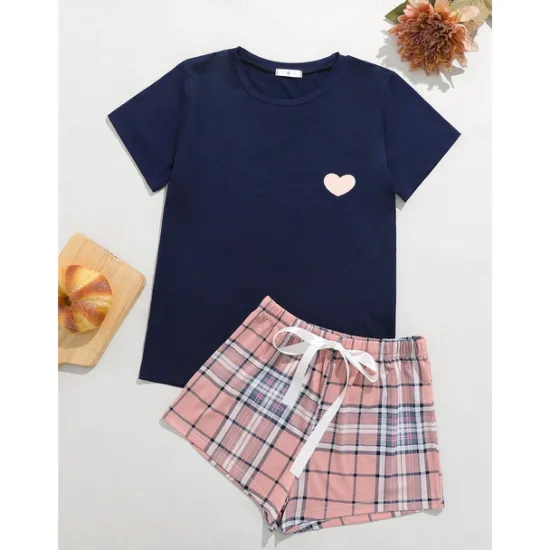 New Women's Pajamas Sets Heart Grid / Plaid Fashion Comfort Home Daily Bed Breathable Crew Neck Short Sleeve T shirt Tee Shorts Elastic Waist Summer Spring Home Outfits Women Pajama-Setter