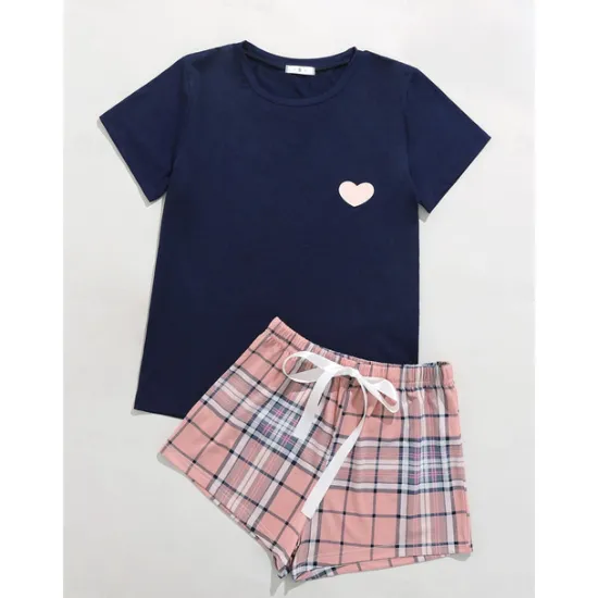 New Women's Pajamas Sets Heart Grid / Plaid Fashion Comfort Home Daily Bed Breathable Crew Neck Short Sleeve T shirt Tee Shorts Elastic Waist Summer Spring Home Outfits Women Pajama-Setter