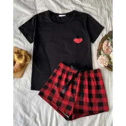 New Women's Pajamas Sets Heart Grid / Plaid Fashion Comfort Home Daily Bed Breathable Crew Neck Short Sleeve T shirt Tee Shorts Elastic Waist Summer Spring Home Outfits Women Pajama-Setter