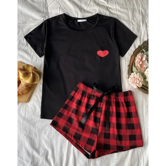 New Women's Pajamas Sets Heart Grid / Plaid Fashion Comfort Home Daily Bed Breathable Crew Neck Short Sleeve T shirt Tee Shorts Elastic Waist Summer Spring Home Outfits Women Pajama-Setter