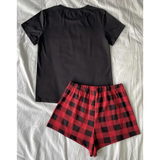 New Women's Pajamas Sets Heart Grid / Plaid Fashion Comfort Home Daily Bed Breathable Crew Neck Short Sleeve T shirt Tee Shorts Elastic Waist Summer Spring Home Outfits Women Pajama-Setter