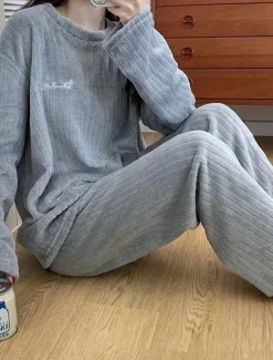 Discount Women's Pajamas Sets Letter Plush Casual Comfort Home Bed Coral Fleece Coral Velvet Warm Breathable Crew Neck Long Sleeve Pullover Pant Embroidery Fall Winter Home Outfits Women Pajama-Setter