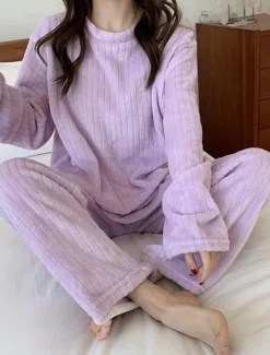 Discount Women's Pajamas Sets Letter Plush Casual Comfort Home Bed Coral Fleece Coral Velvet Warm Breathable Crew Neck Long Sleeve Pullover Pant Embroidery Fall Winter Home Outfits Women Pajama-Setter