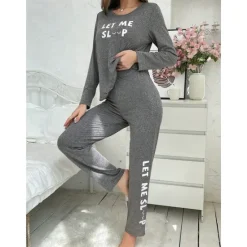 Outlet Women's Pajamas Sets Letter Fashion Comfort Home Daily Bed Breathable Crew Neck Long Sleeve T shirt Tee Pant Elastic Waist Fall Winter Home Outfits Women Pajama-Setter