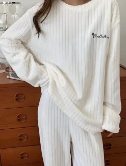 New Women's Pajamas Sets Letter Plush Casual Comfort Home Daily Bed Coral Fleece Coral Velvet Warm Crew Neck Long Sleeve Pullover Pant Elastic Waist Fall Winter Light Pink White Home Outfits Women Pajama-Setter