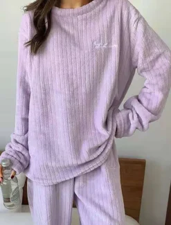 New Women's Pajamas Sets Letter Plush Casual Comfort Home Daily Bed Coral Fleece Coral Velvet Warm Crew Neck Long Sleeve Pullover Pant Elastic Waist Fall Winter Light Pink White Home Outfits Women Pajama-Setter