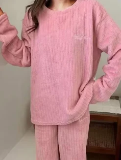 New Women's Pajamas Sets Letter Plush Casual Comfort Home Daily Bed Coral Fleece Coral Velvet Warm Crew Neck Long Sleeve Pullover Pant Elastic Waist Fall Winter Light Pink White Home Outfits Women Pajama-Setter