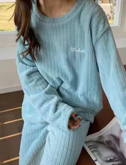 New Women's Pajamas Sets Letter Plush Casual Comfort Home Daily Bed Coral Fleece Coral Velvet Warm Crew Neck Long Sleeve Pullover Pant Elastic Waist Fall Winter Light Pink White Home Outfits Women Pajama-Setter