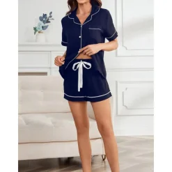 Best Women's Pajamas Sets Pure Color Fashion Comfort Home Daily Bed Rayon Breathable Lapel Short Sleeve Shirt Shorts Button Pocket Summer Spring Home Outfits Women Pajama-Setter