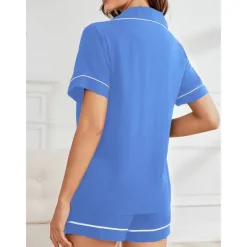 Best Women's Pajamas Sets Pure Color Fashion Comfort Home Daily Bed Rayon Breathable Lapel Short Sleeve Shirt Shorts Button Pocket Summer Spring Home Outfits Women Pajama-Setter
