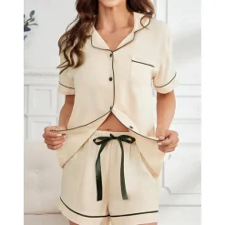 Best Women's Pajamas Sets Pure Color Fashion Comfort Home Daily Bed Rayon Breathable Lapel Short Sleeve Shirt Shorts Button Pocket Summer Spring Home Outfits Women Pajama-Setter