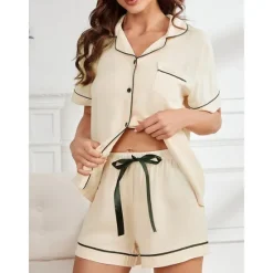 Best Women's Pajamas Sets Pure Color Fashion Comfort Home Daily Bed Rayon Breathable Lapel Short Sleeve Shirt Shorts Button Pocket Summer Spring Home Outfits Women Pajama-Setter