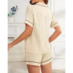 Best Women's Pajamas Sets Pure Color Fashion Comfort Home Daily Bed Rayon Breathable Lapel Short Sleeve Shirt Shorts Button Pocket Summer Spring Home Outfits Women Pajama-Setter