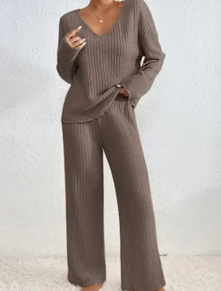 Hot Women's Pajamas Sets Pure Color Fashion Comfort Home Daily Bed Knit Breathable V Wire Long Sleeve Pant Elastic Waist Spring Fall Black Camel Home Outfits Women Pajama-Setter