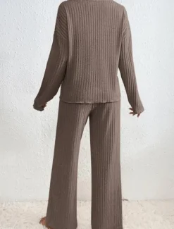 Hot Women's Pajamas Sets Pure Color Fashion Comfort Home Daily Bed Knit Breathable V Wire Long Sleeve Pant Elastic Waist Spring Fall Black Camel Home Outfits Women Pajama-Setter