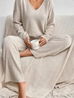 Hot Women's Pajamas Sets Pure Color Fashion Comfort Home Daily Bed Knit Breathable V Wire Long Sleeve Pant Elastic Waist Spring Fall Black Camel Home Outfits Women Pajama-Setter