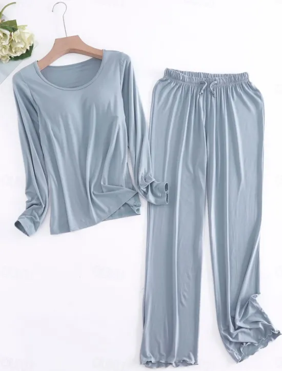 Sale Women's Pajamas Sets Pure Color Casual Comfort Home Bed Modal Breathable Crew Neck Long Sleeve Shirt Pant Fall Winter Home Outfits Women Pajama-Setter