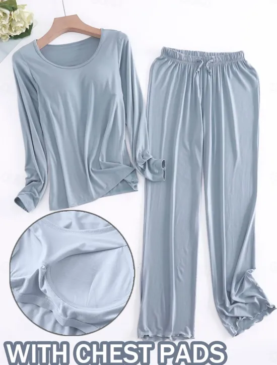 Sale Women's Pajamas Sets Pure Color Casual Comfort Home Bed Modal Breathable Crew Neck Long Sleeve Shirt Pant Fall Winter Home Outfits Women Pajama-Setter