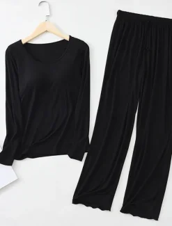Sale Women's Pajamas Sets Pure Color Casual Comfort Home Bed Modal Breathable Crew Neck Long Sleeve Shirt Pant Fall Winter Home Outfits Women Pajama-Setter