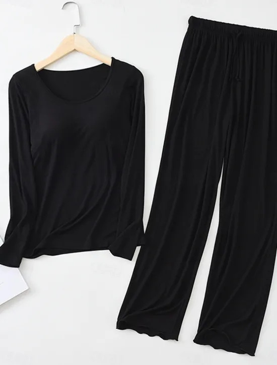 Sale Women's Pajamas Sets Pure Color Casual Comfort Home Bed Modal Breathable Crew Neck Long Sleeve Shirt Pant Fall Winter Home Outfits Women Pajama-Setter