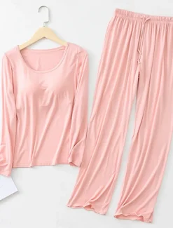 Sale Women's Pajamas Sets Pure Color Casual Comfort Home Bed Modal Breathable Crew Neck Long Sleeve Shirt Pant Fall Winter Home Outfits Women Pajama-Setter