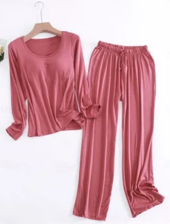 Sale Women's Pajamas Sets Pure Color Casual Comfort Home Bed Modal Breathable Crew Neck Long Sleeve Shirt Pant Fall Winter Home Outfits Women Pajama-Setter